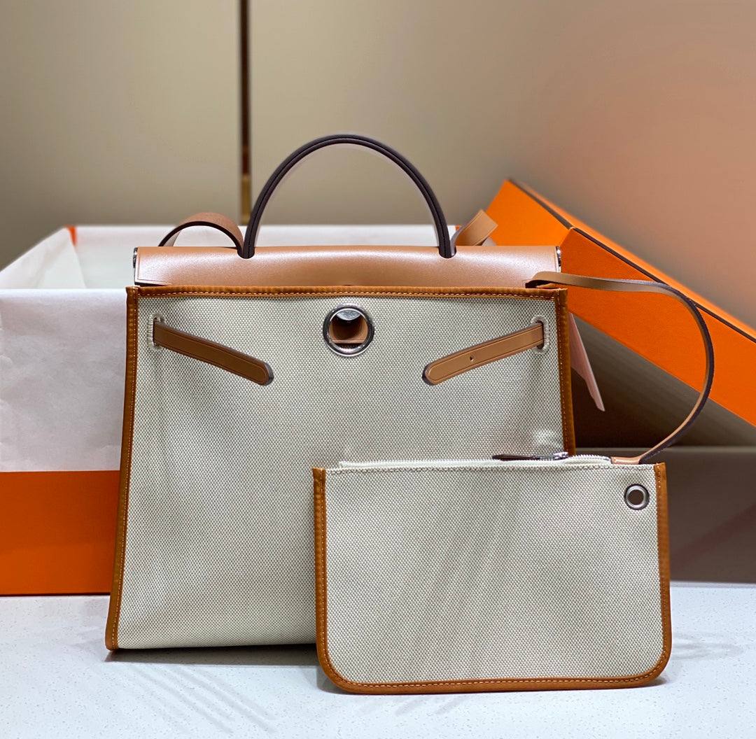 HERBAG 31 TOILE WHITE CANVAS GOLD COWHIDE LEATHER