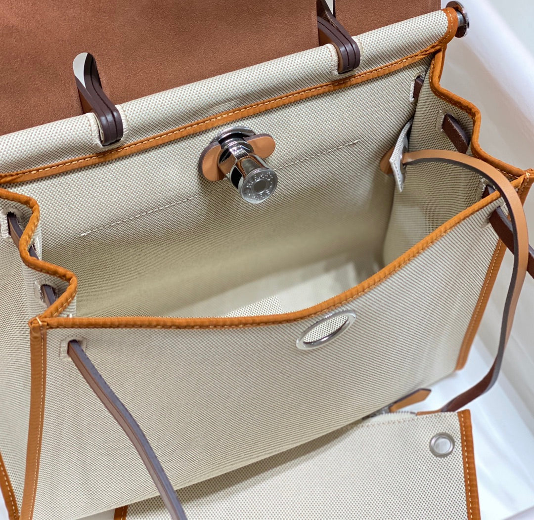 HERBAG 31 TOILE WHITE CANVAS GOLD COWHIDE LEATHER