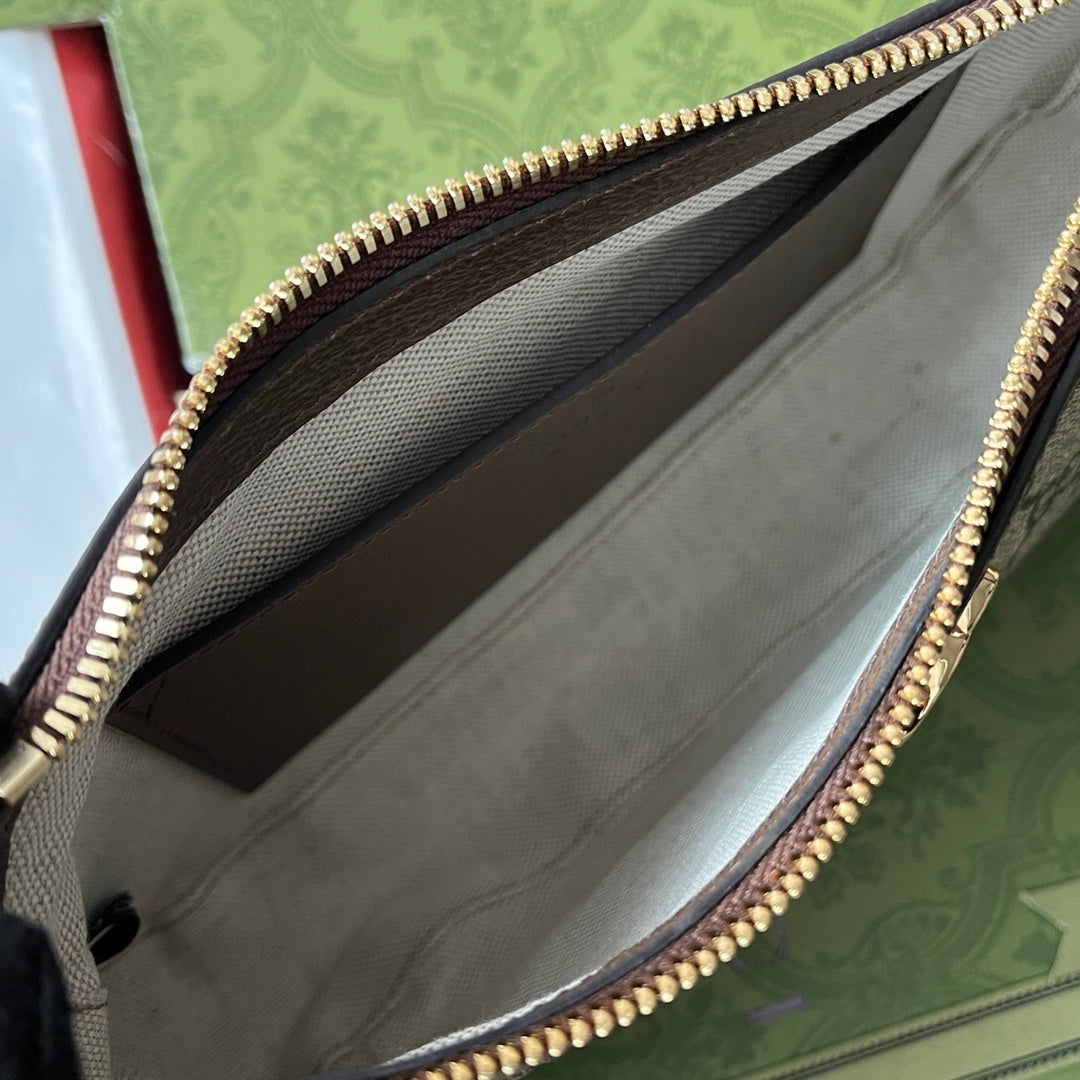 GG OPHIDIA SMALL SHOULDER BAG 21CM BEIGE DARK BROWN CANVAS