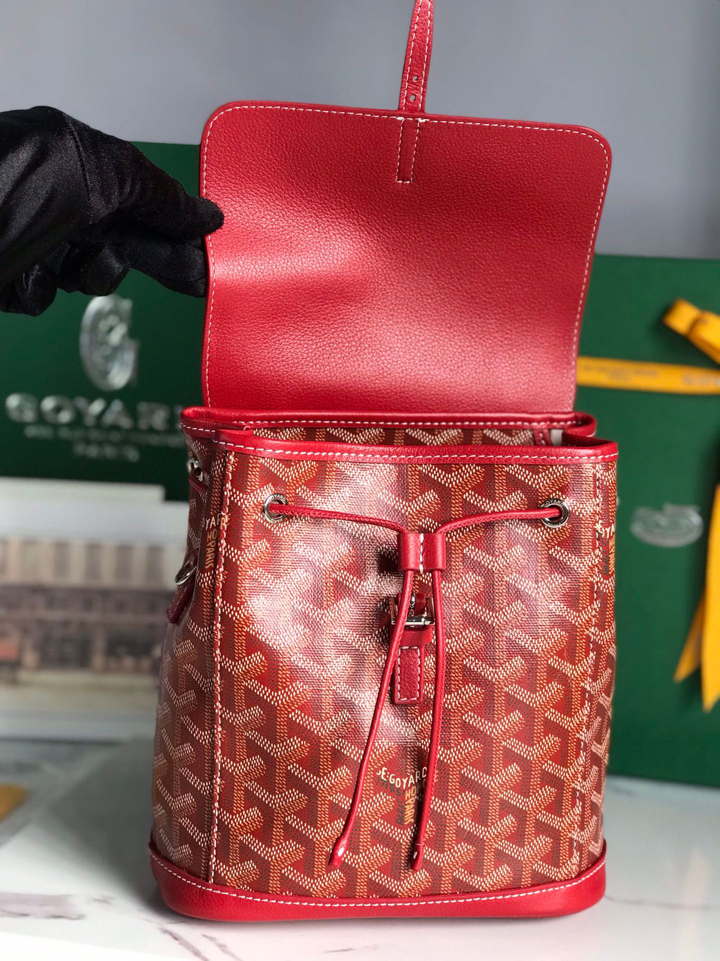 SAC À DOS ALPIN MINI 21 EN CUIR D'AGNEAU ROUGE CLASSIQUE ET TOILE GOYARDINE