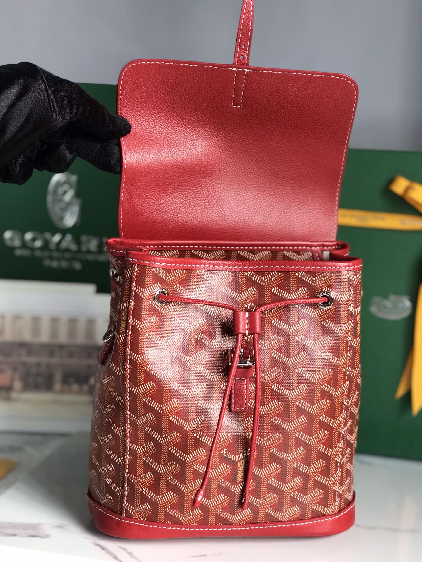 SAC À DOS ALPIN MINI 21 EN CUIR D'AGNEAU ROUGE CLASSIQUE ET TOILE GOYARDINE