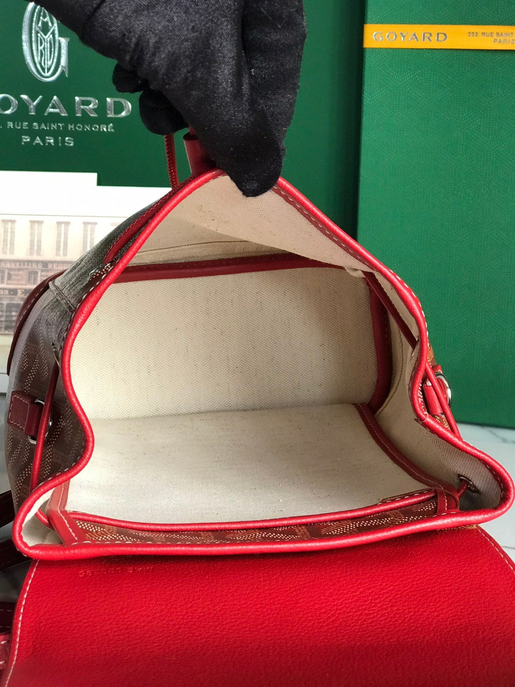 SAC À DOS ALPIN MINI 21 EN CUIR D'AGNEAU ROUGE CLASSIQUE ET TOILE GOYARDINE