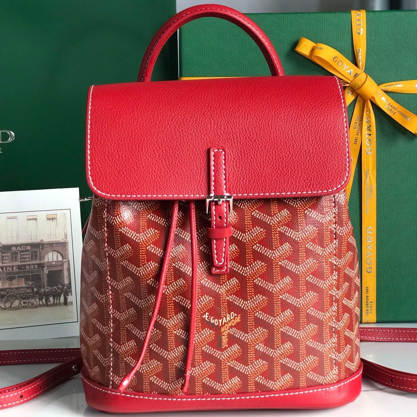 SAC À DOS ALPIN MINI 21 EN CUIR D'AGNEAU ROUGE CLASSIQUE ET TOILE GOYARDINE