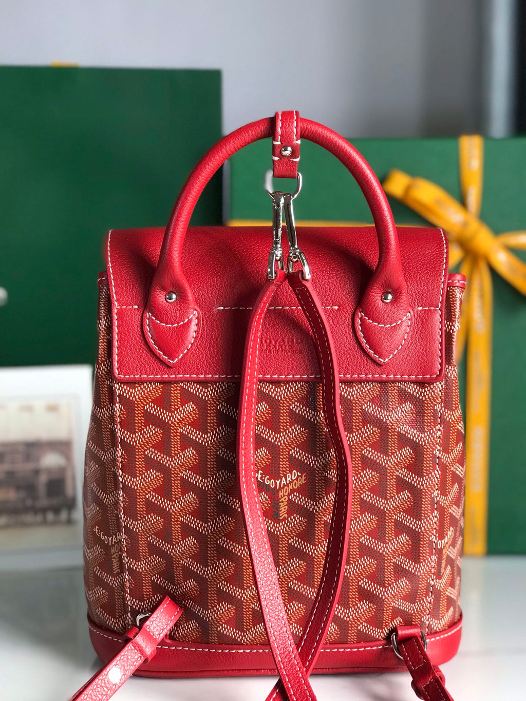 SAC À DOS ALPIN MINI 21 EN CUIR D'AGNEAU ROUGE CLASSIQUE ET TOILE GOYARDINE