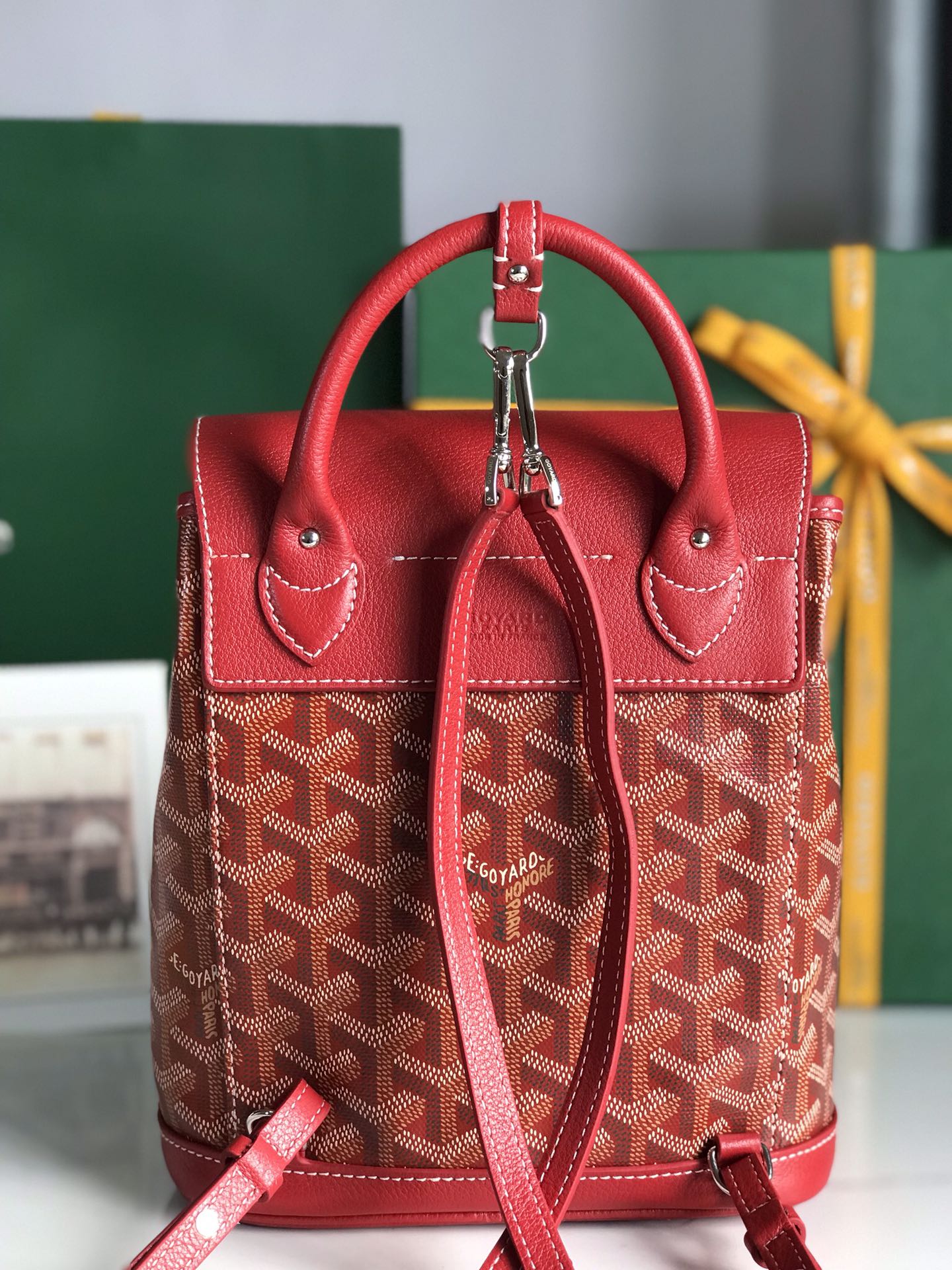 SAC À DOS ALPIN MINI 21 EN CUIR D'AGNEAU ROUGE CLASSIQUE ET TOILE GOYARDINE