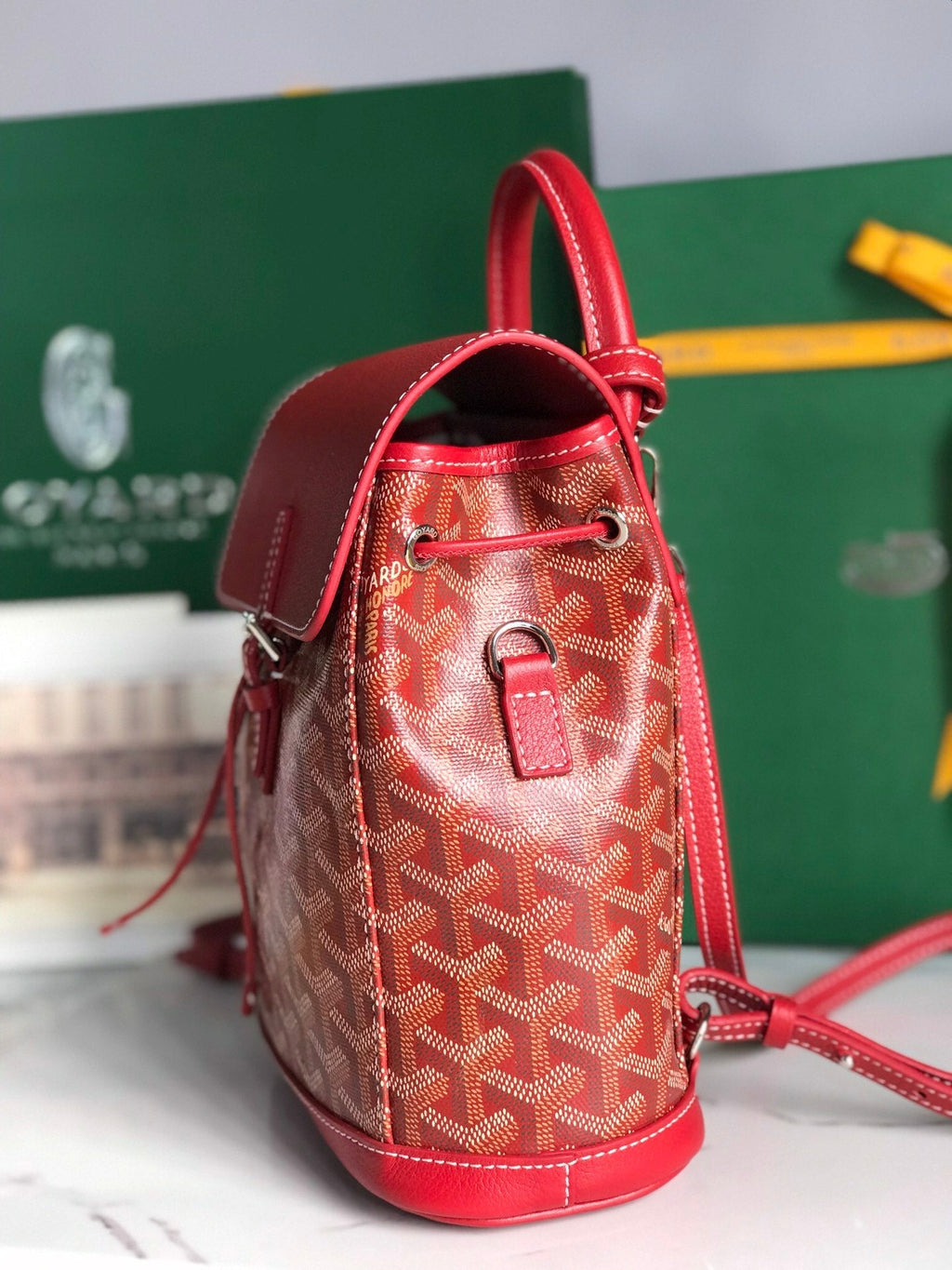 SAC À DOS ALPIN MINI 21 EN CUIR D'AGNEAU ROUGE CLASSIQUE ET TOILE GOYARDINE