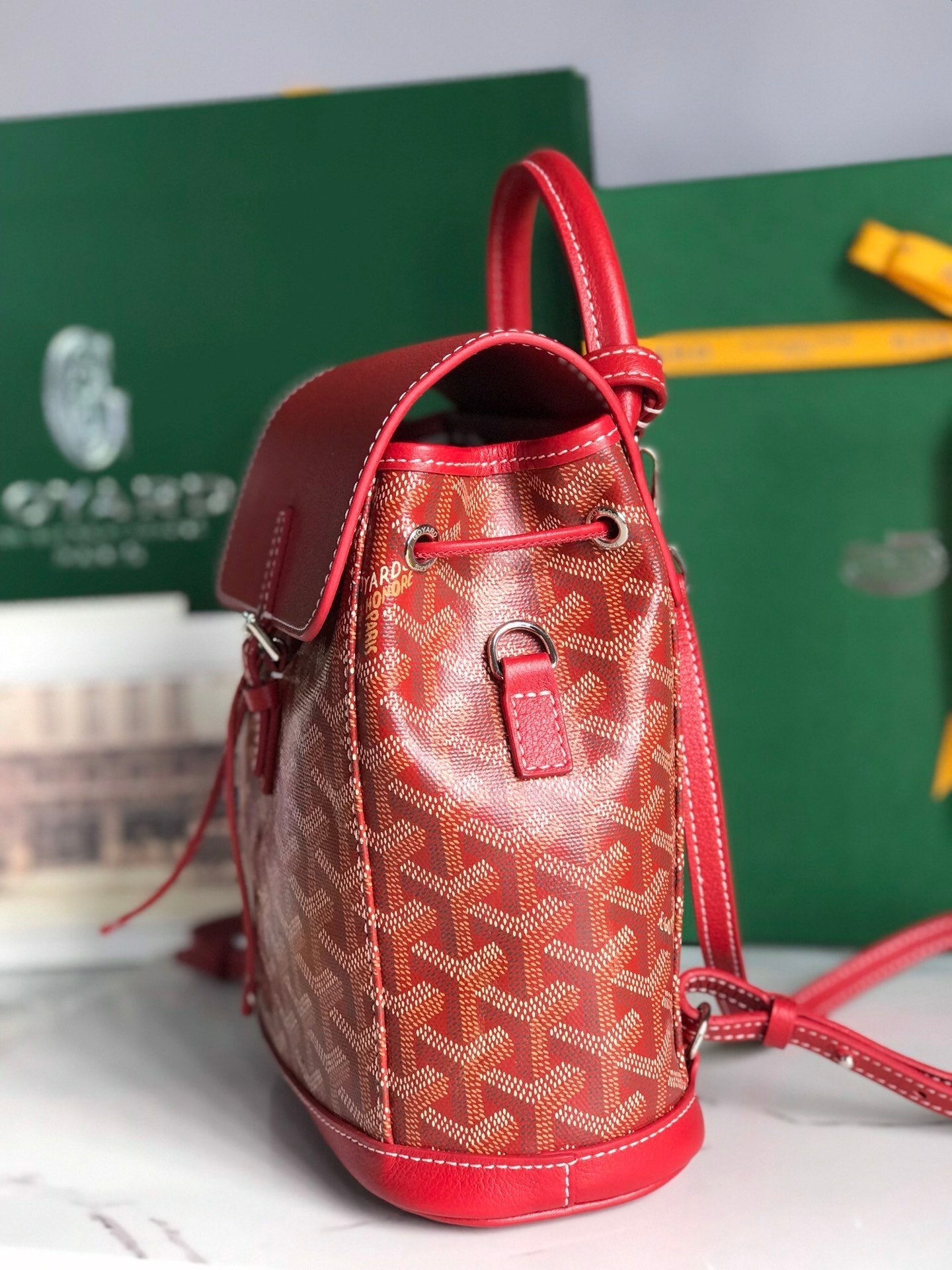 SAC À DOS ALPIN MINI 21 EN CUIR D'AGNEAU ROUGE CLASSIQUE ET TOILE GOYARDINE