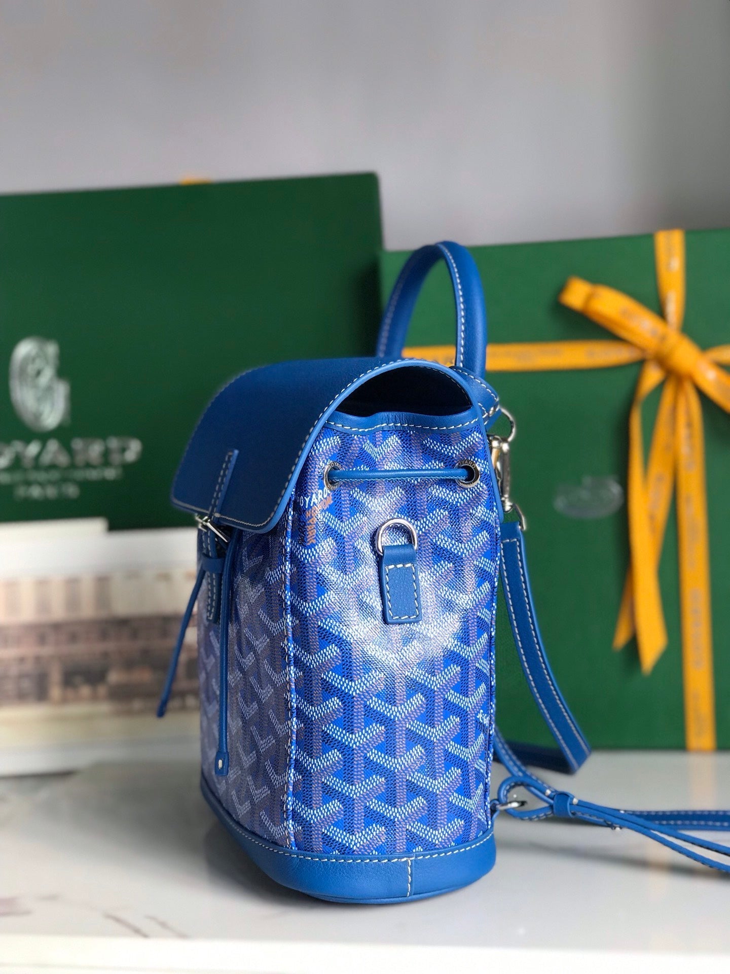 MINI SAC À DOS ALPIN 21 EN CUIR D'AGNEAU BLEU SAPHIR ET TOILE GOYARDINE