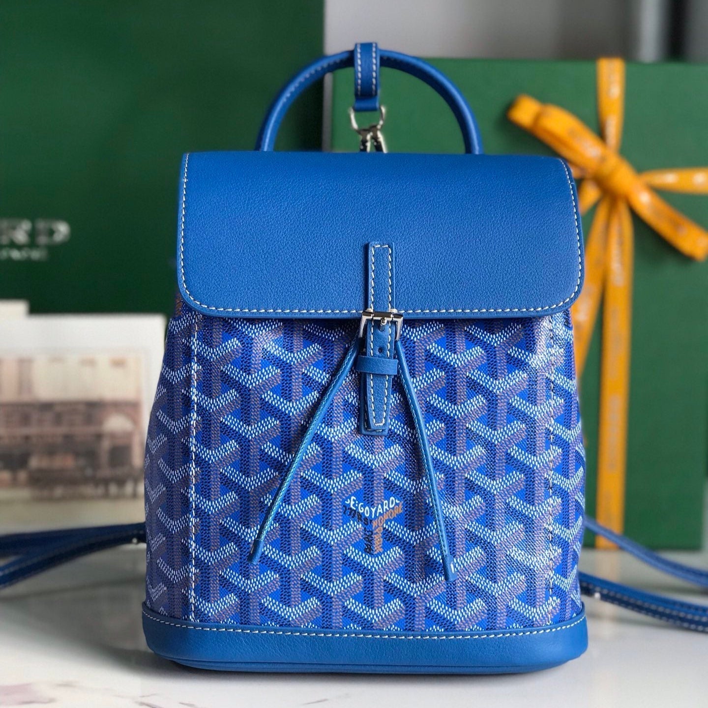 MINI SAC À DOS ALPIN 21 EN CUIR D'AGNEAU BLEU SAPHIR ET TOILE GOYARDINE