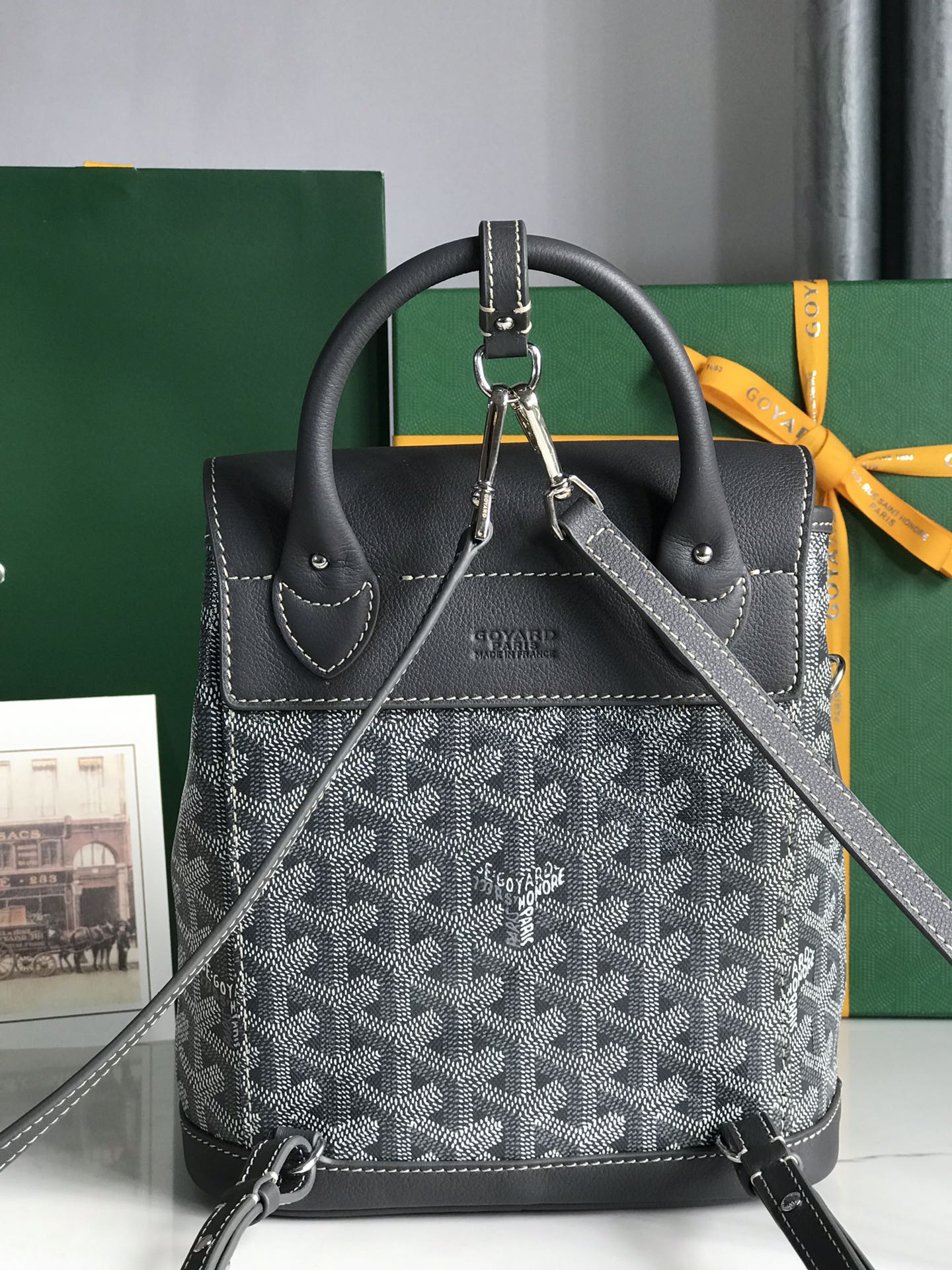 SAC À DOS ALPIN MINI 21 EN CUIR D'AGNEAU GRIS ET TOILE GOYARDINE
