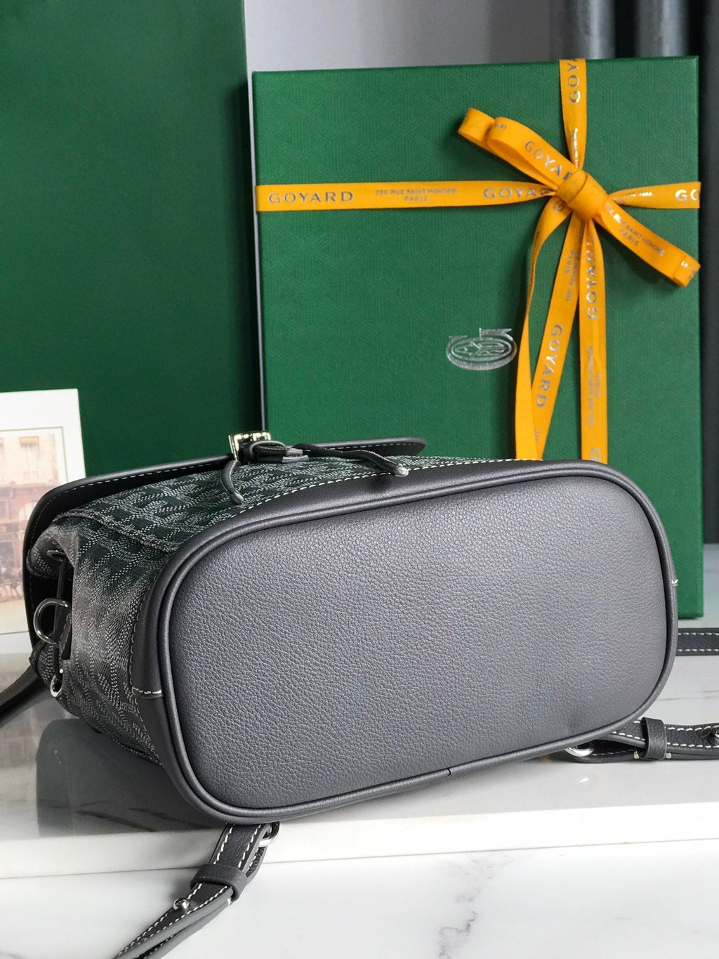 SAC À DOS ALPIN MINI 21 EN CUIR D'AGNEAU GRIS ET TOILE GOYARDINE