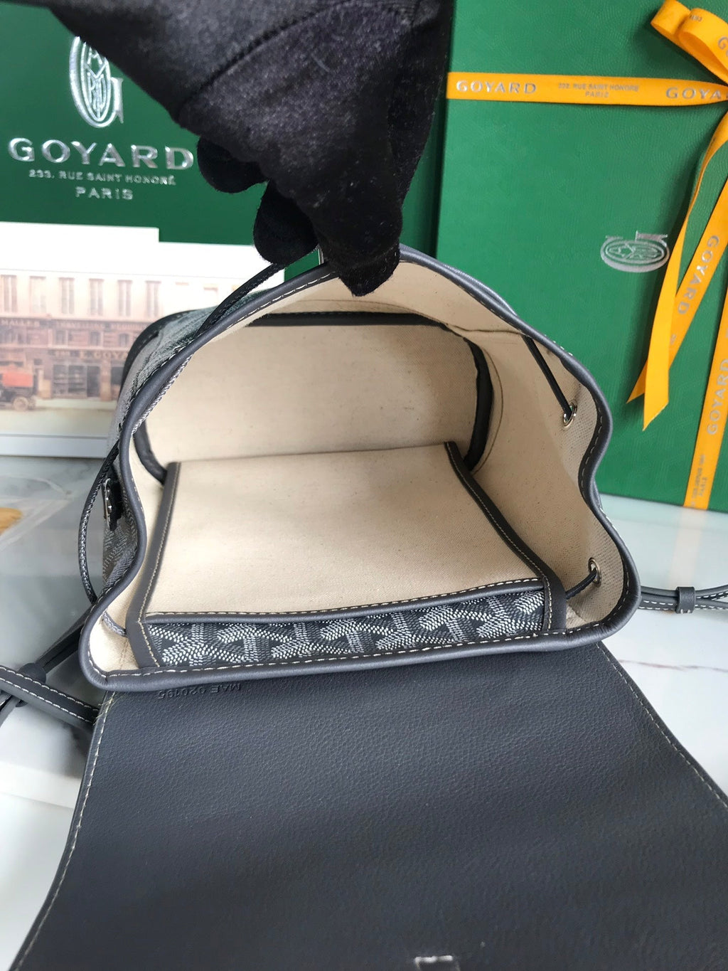 SAC À DOS ALPIN MINI 21 EN CUIR D'AGNEAU GRIS ET TOILE GOYARDINE