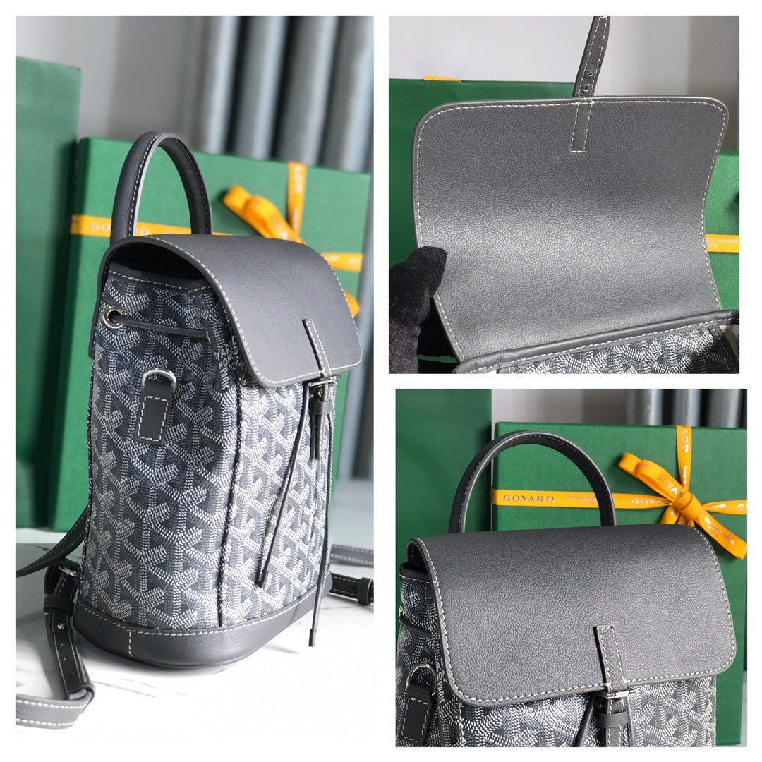 SAC À DOS ALPIN MINI 21 EN CUIR D'AGNEAU GRIS ET TOILE GOYARDINE