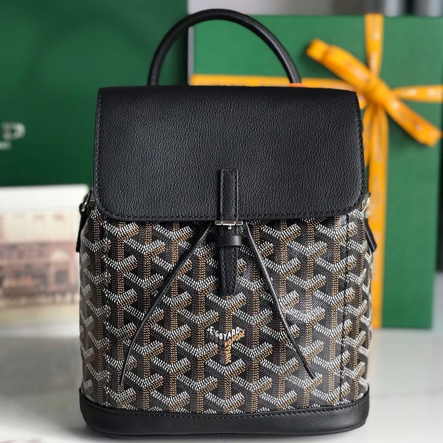 SAC À DOS ALPIN MINI 21 EN CUIR D'AGNEAU NOIR ET TOILE GOYARDINE