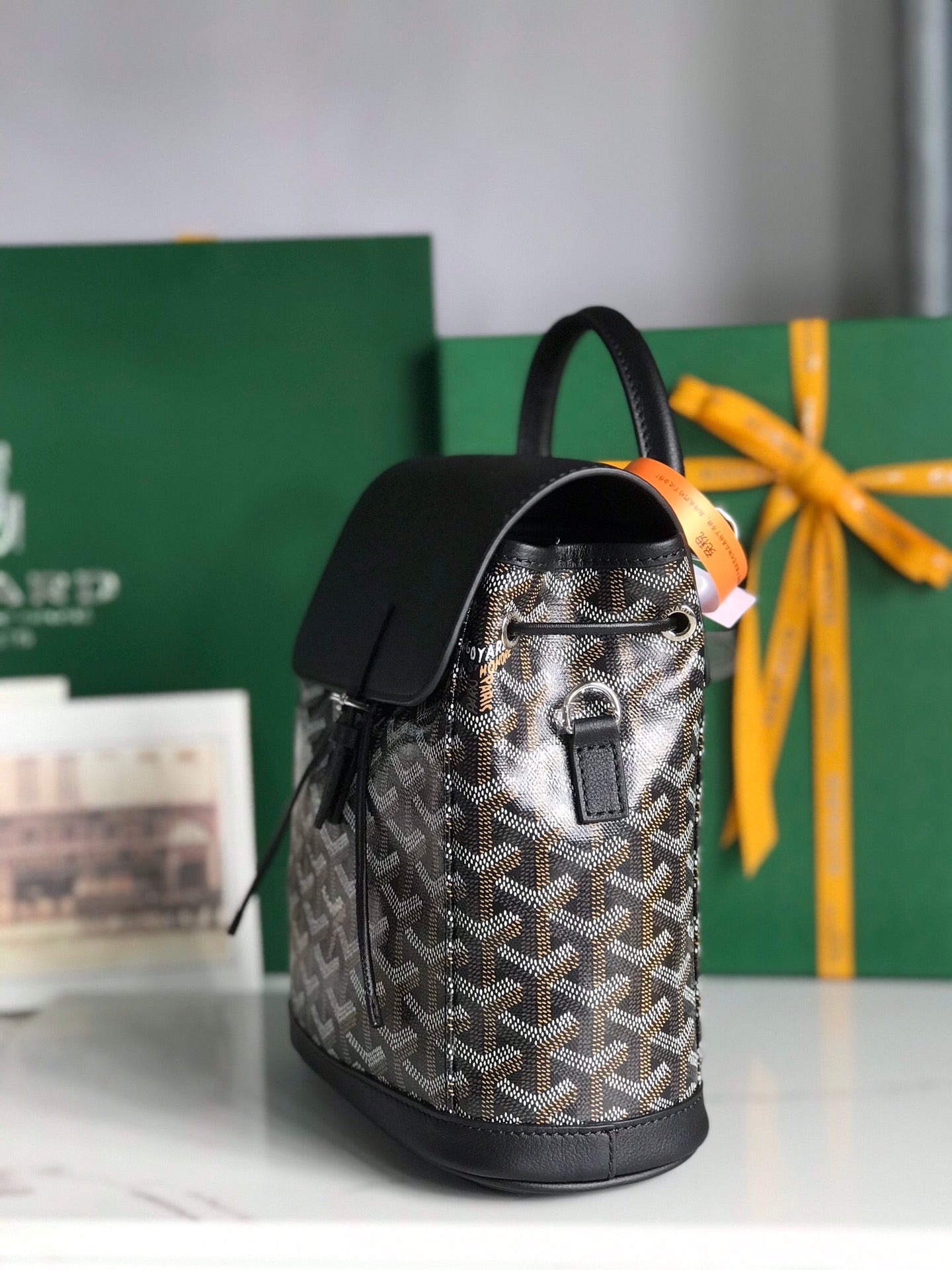 SAC À DOS ALPIN MINI 21 EN CUIR D'AGNEAU NOIR ET TOILE GOYARDINE