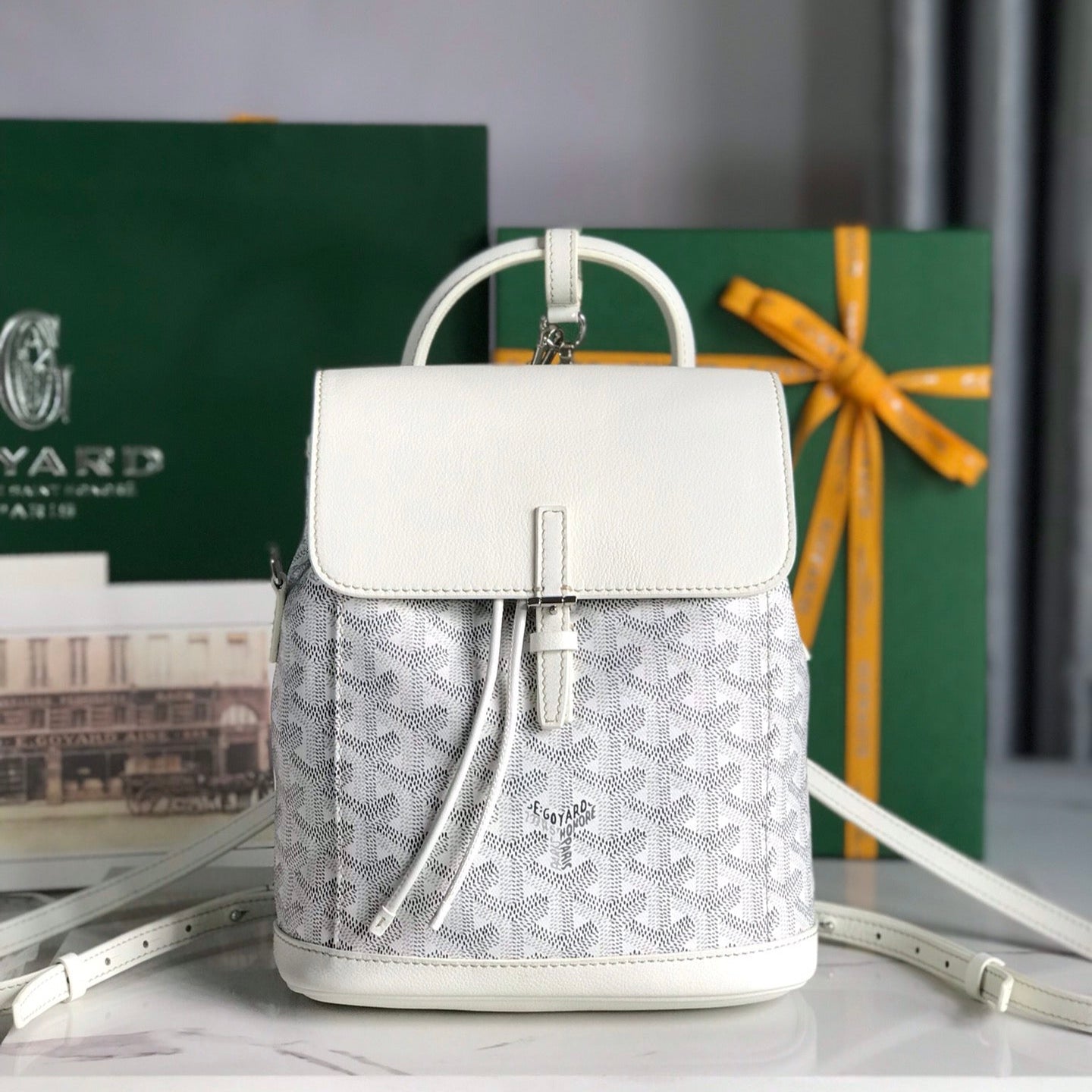 SAC À DOS ALPIN MINI 21 EN CUIR D'AGNEAU BLANC ET TOILE GOYARDINE