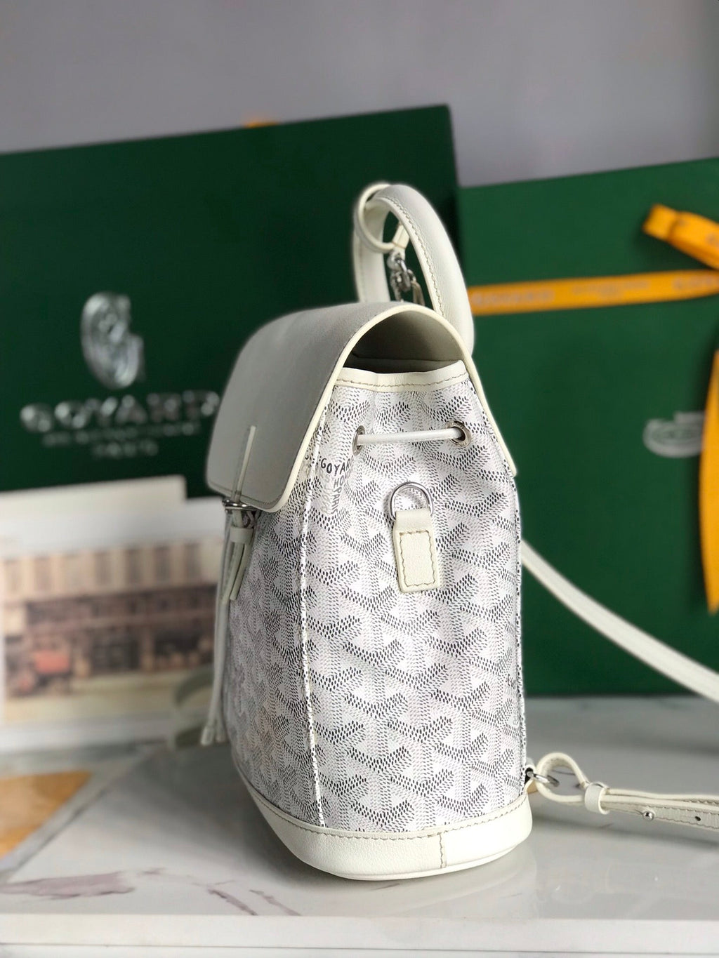 SAC À DOS ALPIN MINI 21 EN CUIR D'AGNEAU BLANC ET TOILE GOYARDINE