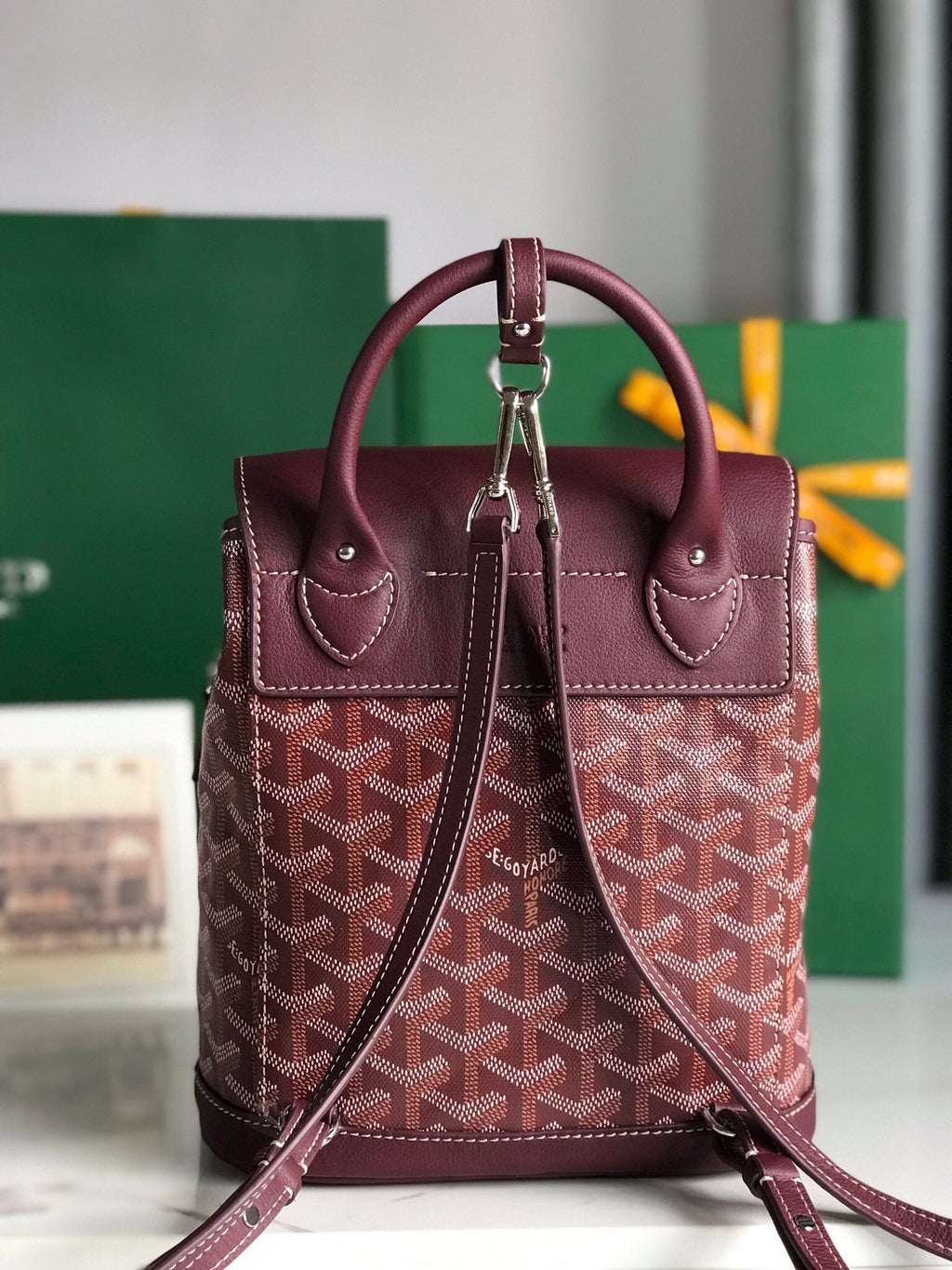 SAC À DOS ALPIN MINI 21 EN CUIR D'AGNEAU ROUGE VIN ET TOILE GOYARDINE