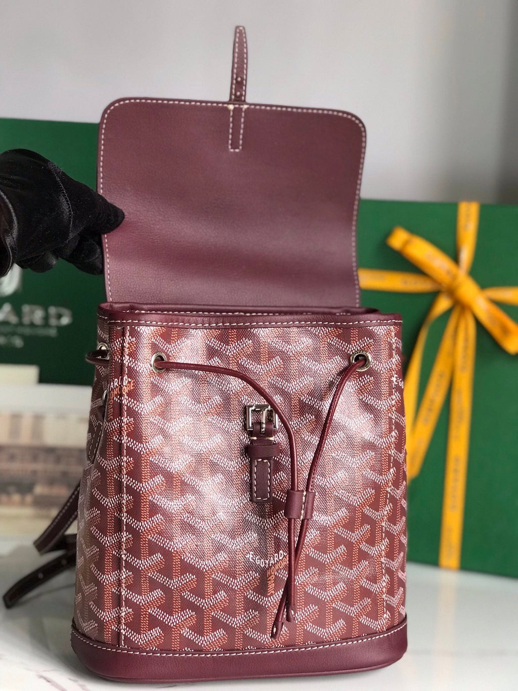 SAC À DOS ALPIN MINI 21 EN CUIR D'AGNEAU ROUGE VIN ET TOILE GOYARDINE
