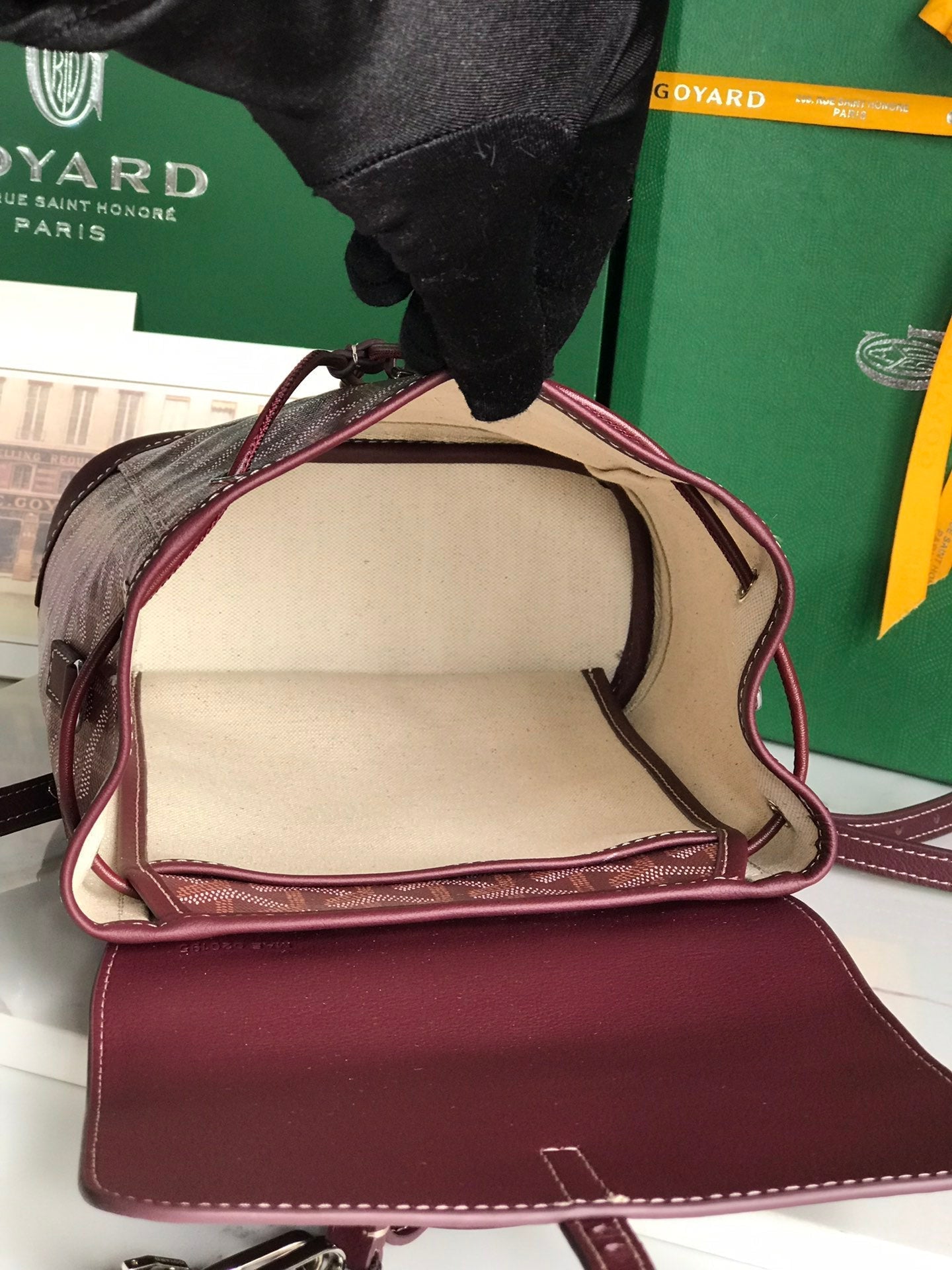 SAC À DOS ALPIN MINI 21 EN CUIR D'AGNEAU ROUGE VIN ET TOILE GOYARDINE