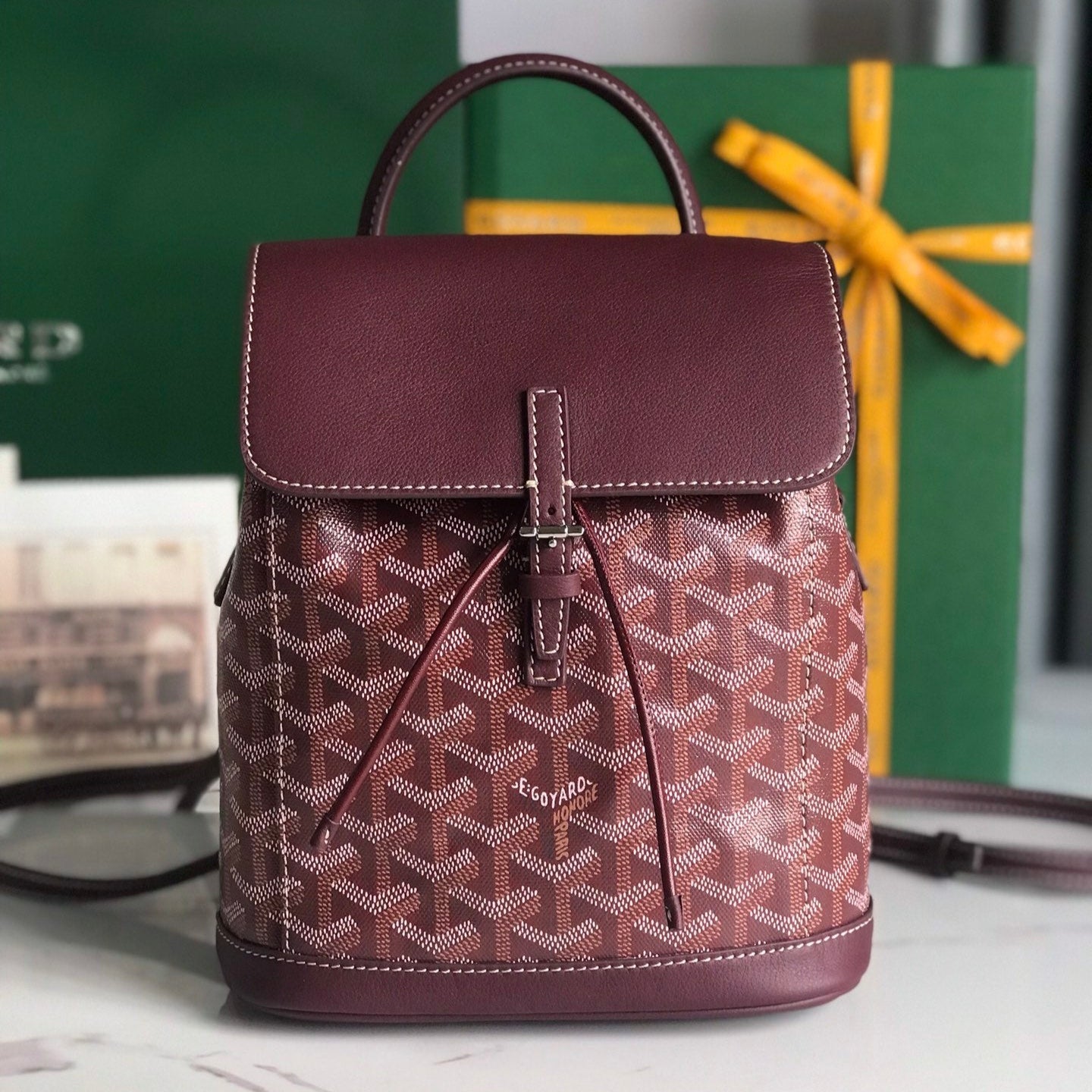 SAC À DOS ALPIN MINI 21 EN CUIR D'AGNEAU ROUGE VIN ET TOILE GOYARDINE
