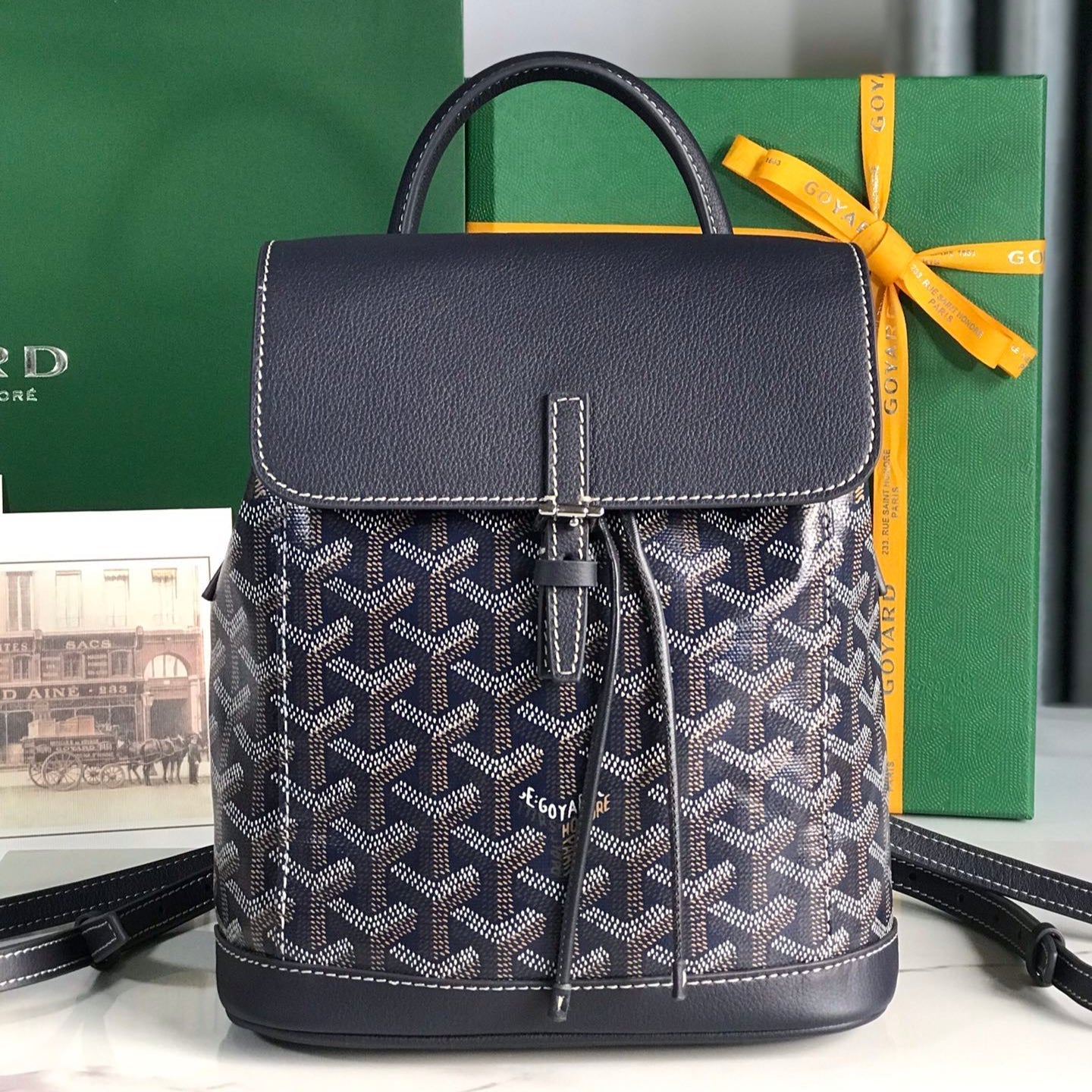SAC À DOS ALPIN MINI 21 EN CUIR D'AGNEAU BLEU MARINE ET TOILE GOYARDINE