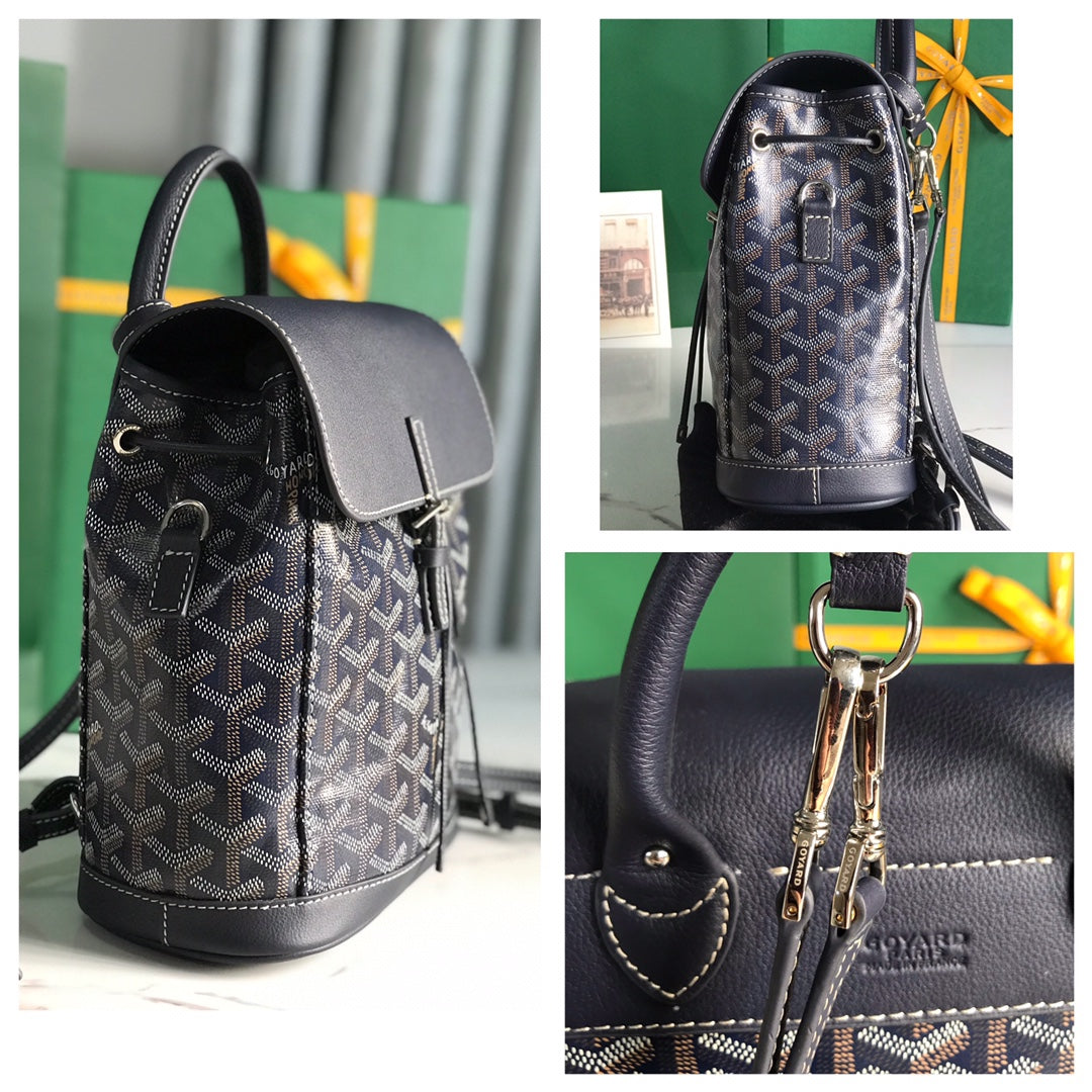 SAC À DOS ALPIN MINI 21 EN CUIR D'AGNEAU BLEU MARINE ET TOILE GOYARDINE