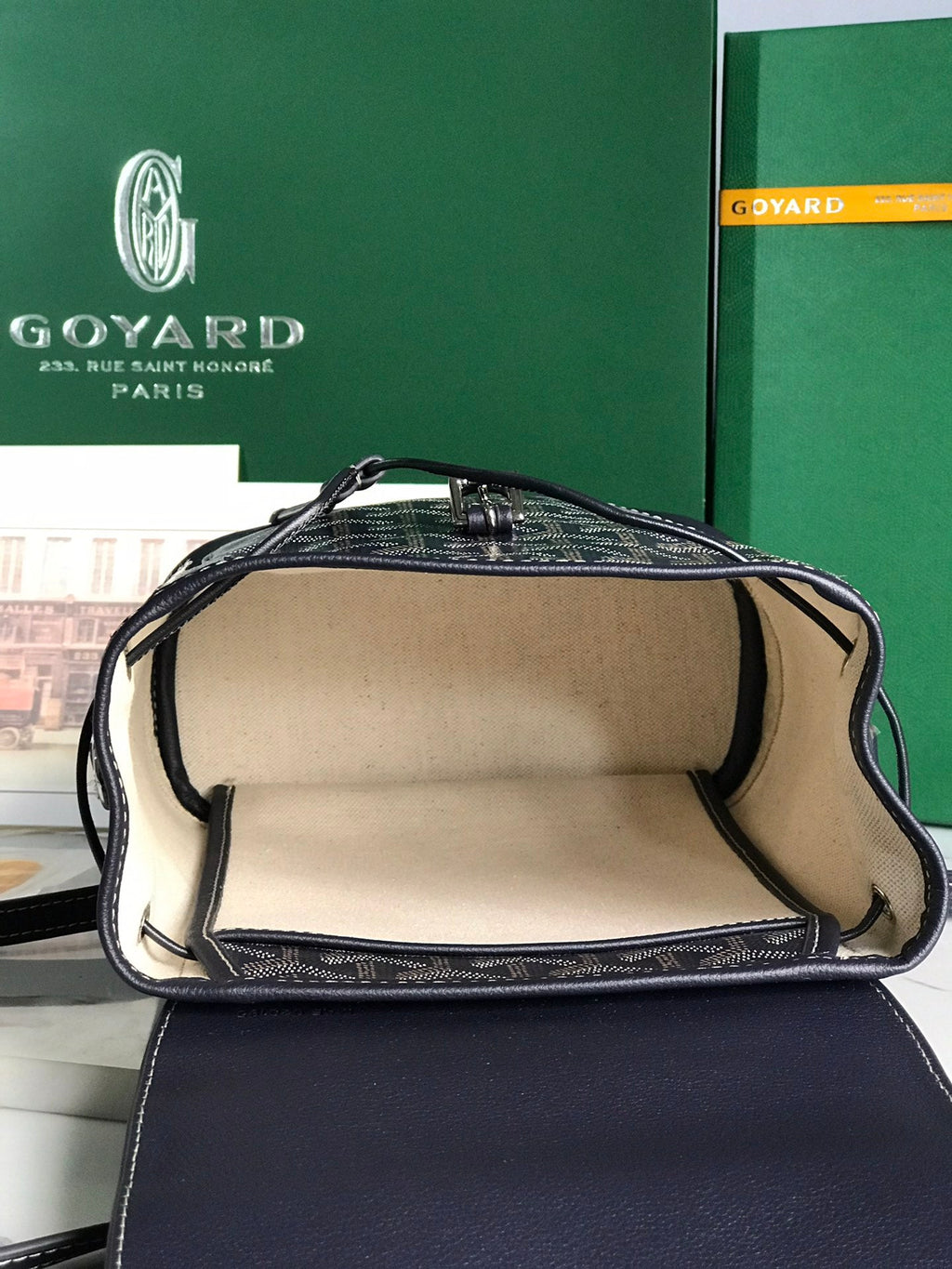 SAC À DOS ALPIN MINI 21 EN CUIR D'AGNEAU BLEU MARINE ET TOILE GOYARDINE