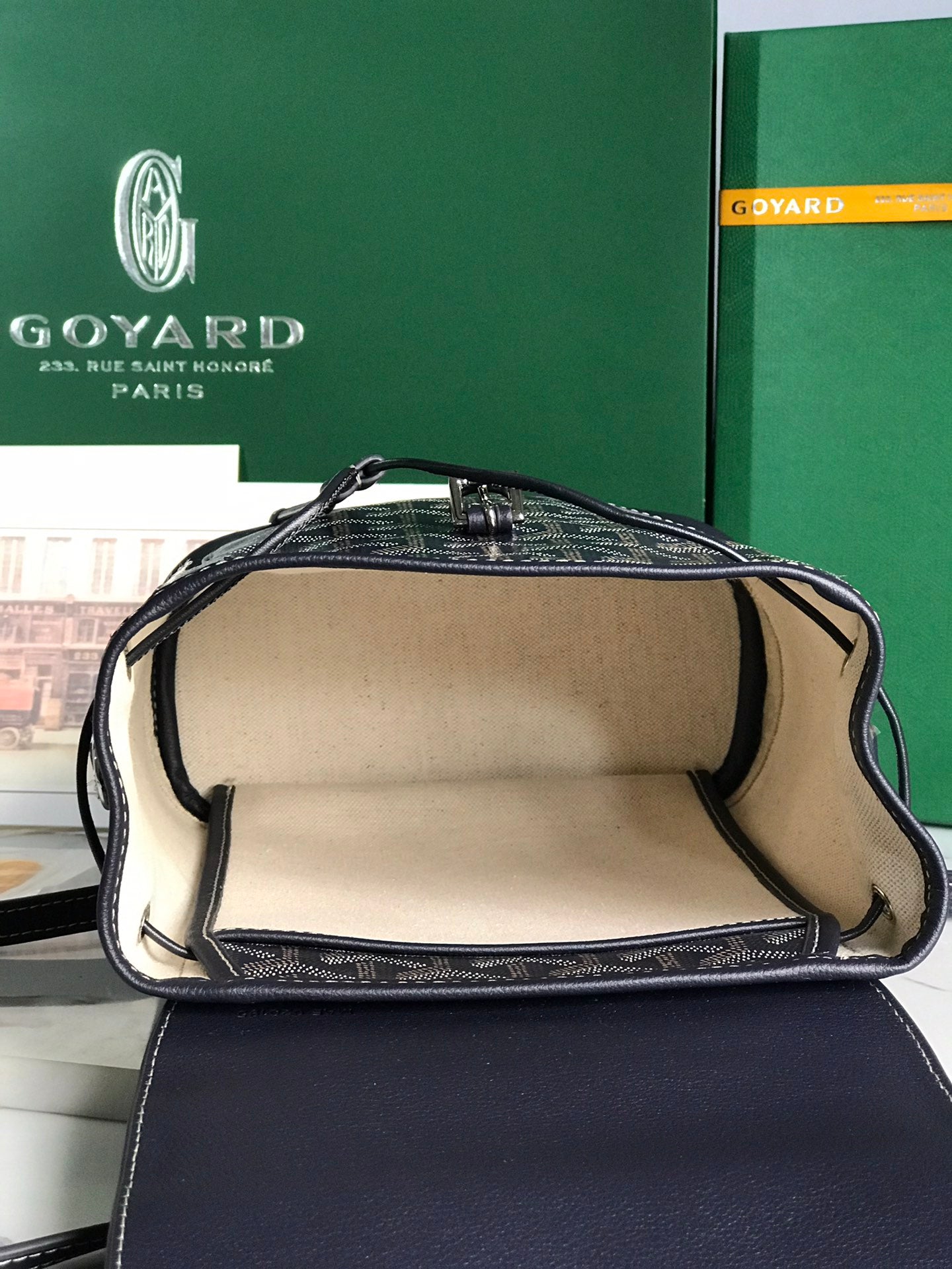 SAC À DOS ALPIN MINI 21 EN CUIR D'AGNEAU BLEU MARINE ET TOILE GOYARDINE