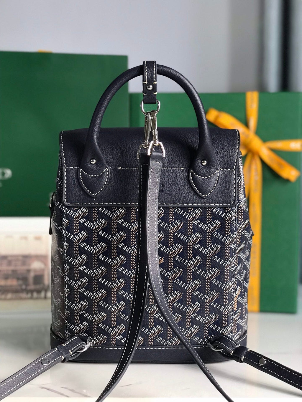 SAC À DOS ALPIN MINI 21 EN CUIR D'AGNEAU BLEU MARINE ET TOILE GOYARDINE