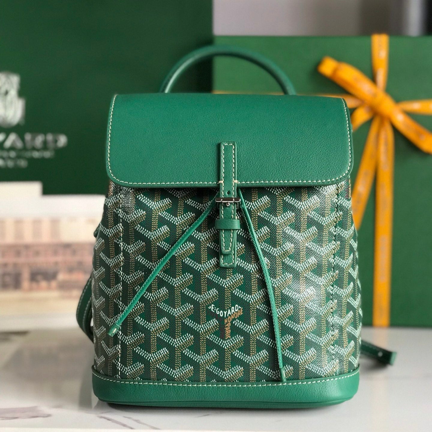 MINI SAC À DOS ALPIN 21 EN CUIR D'AGNEAU VERT ET TOILE GOYARDINE