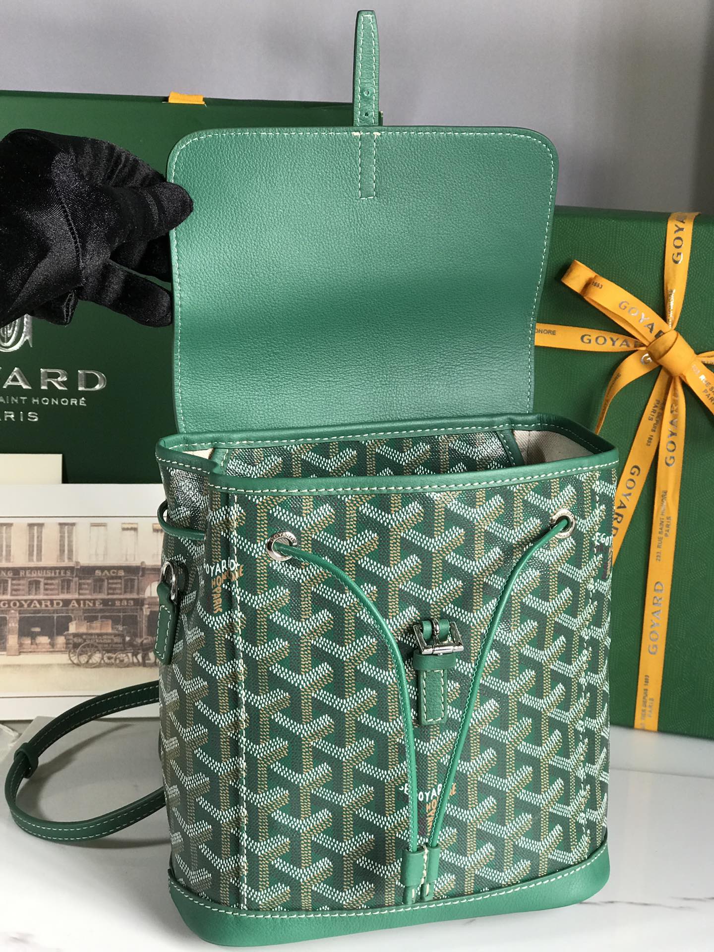MINI SAC À DOS ALPIN 21 EN CUIR D'AGNEAU VERT ET TOILE GOYARDINE