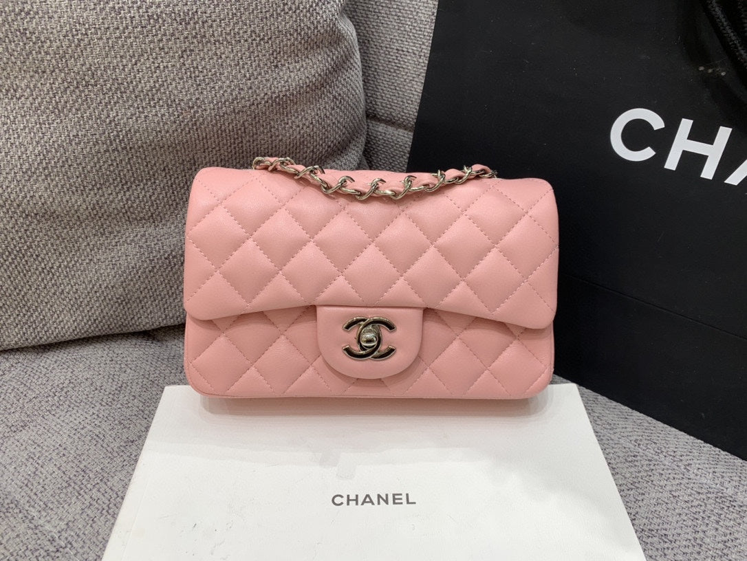 FLAP BAG MINI 20CM PINK LAMBSKIN SILVER HARDWARE