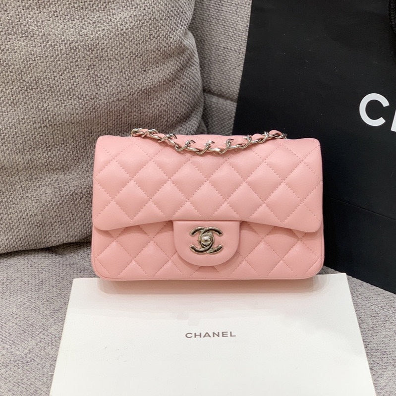 FLAP BAG MINI 20CM PINK LAMBSKIN SILVER HARDWARE