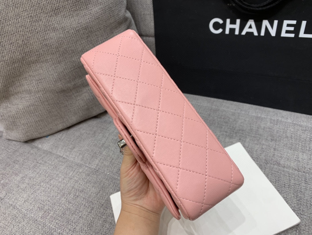 FLAP BAG MINI 20CM PINK LAMBSKIN SILVER HARDWARE