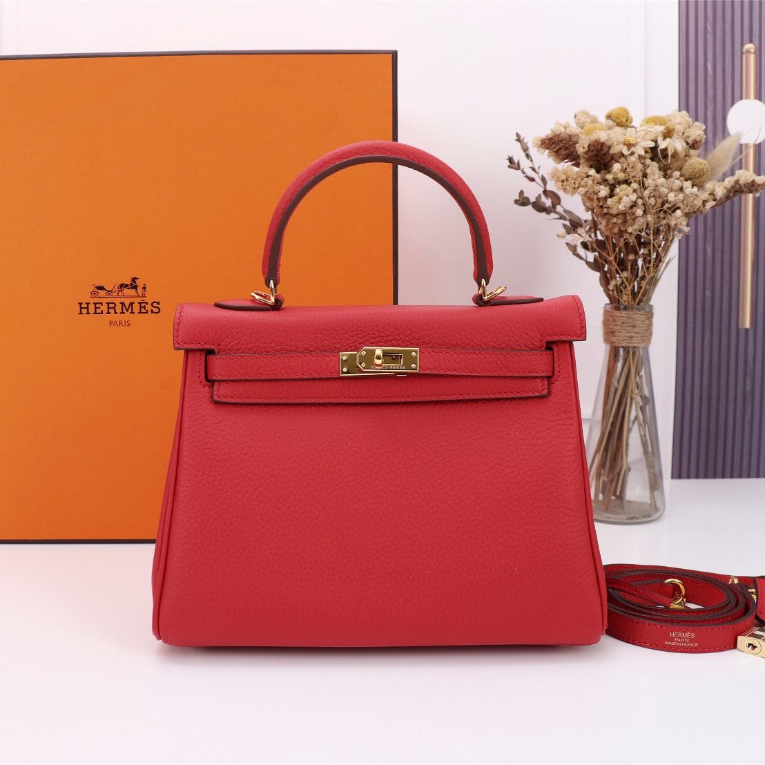 SAC HM KELLY 25 ROUGE TOGO QUINCAILLERIE OR