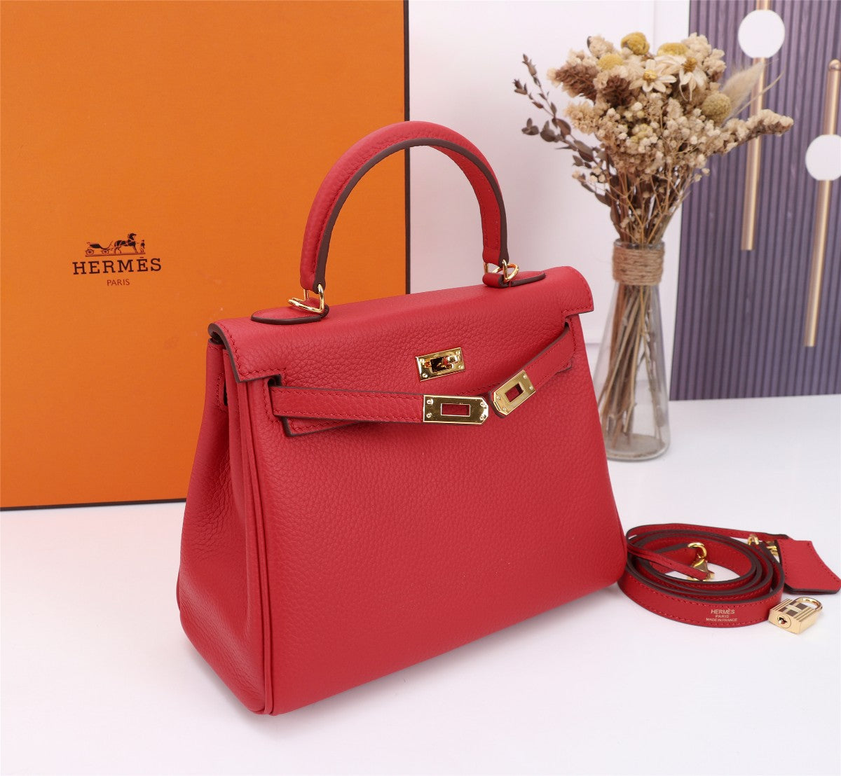 SAC HM KELLY 28 ROUGE TOGO QUINCAILLERIE OR