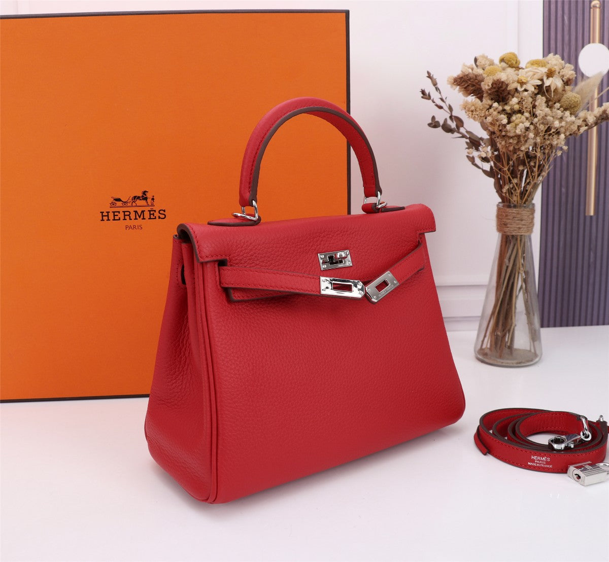 SAC HM KELLY 25 ROUGE TOGO QUINCAILLERIE ARGENTÉE