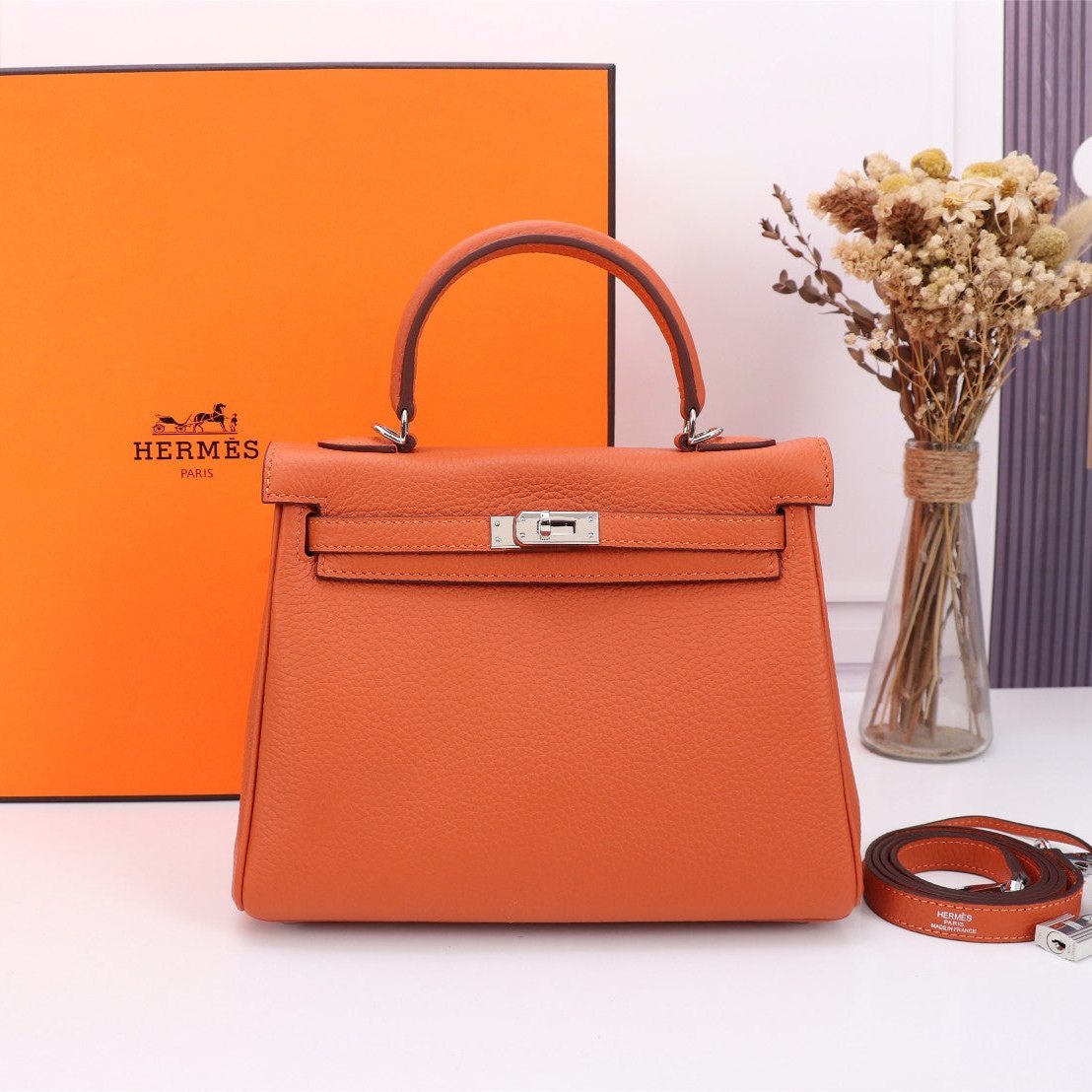 SAC HM KELLY 25 ORANGE TOGO QUINCAILLERIE ARGENTÉE