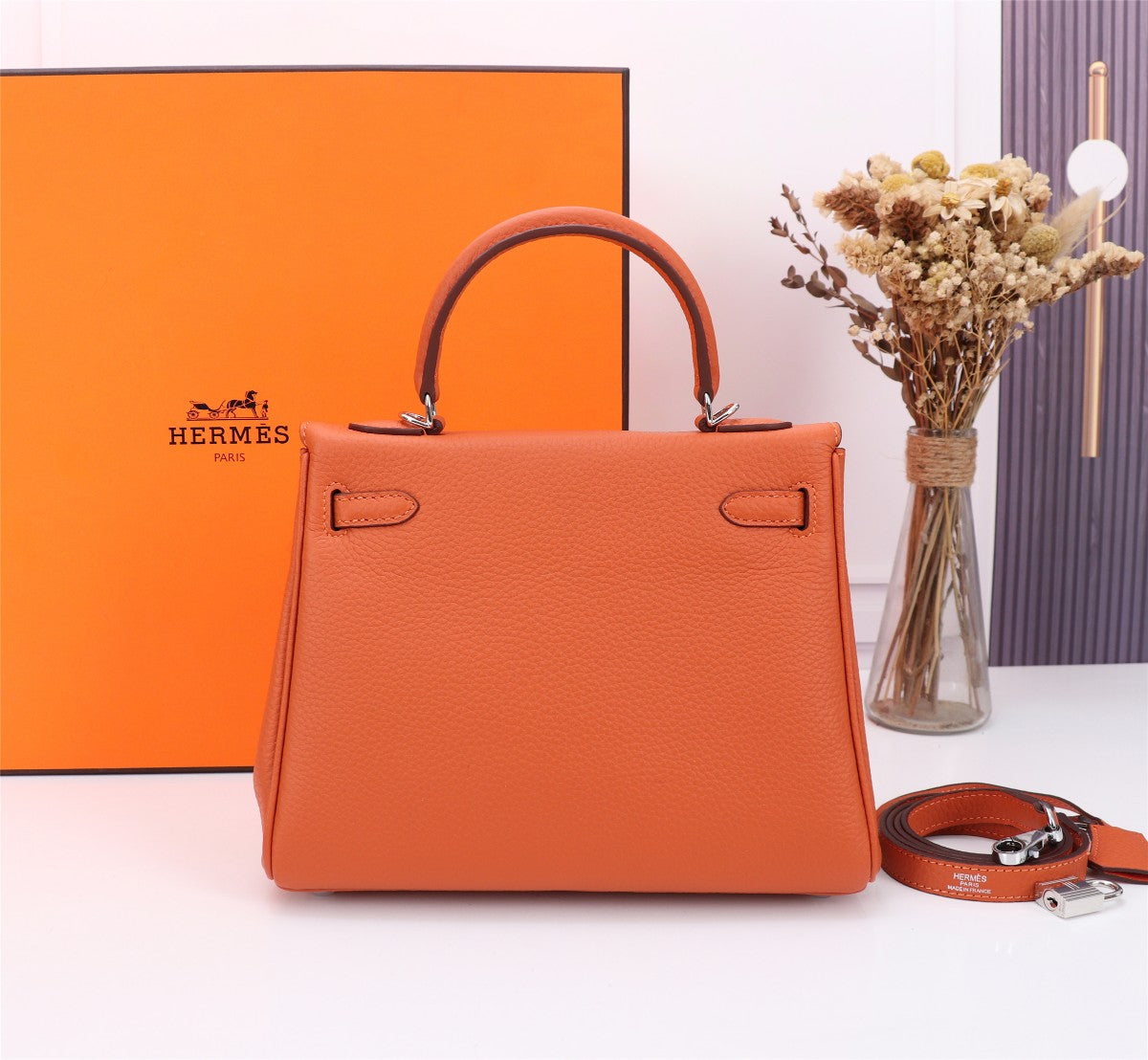 SAC HM KELLY 25 ORANGE TOGO QUINCAILLERIE ARGENTÉE
