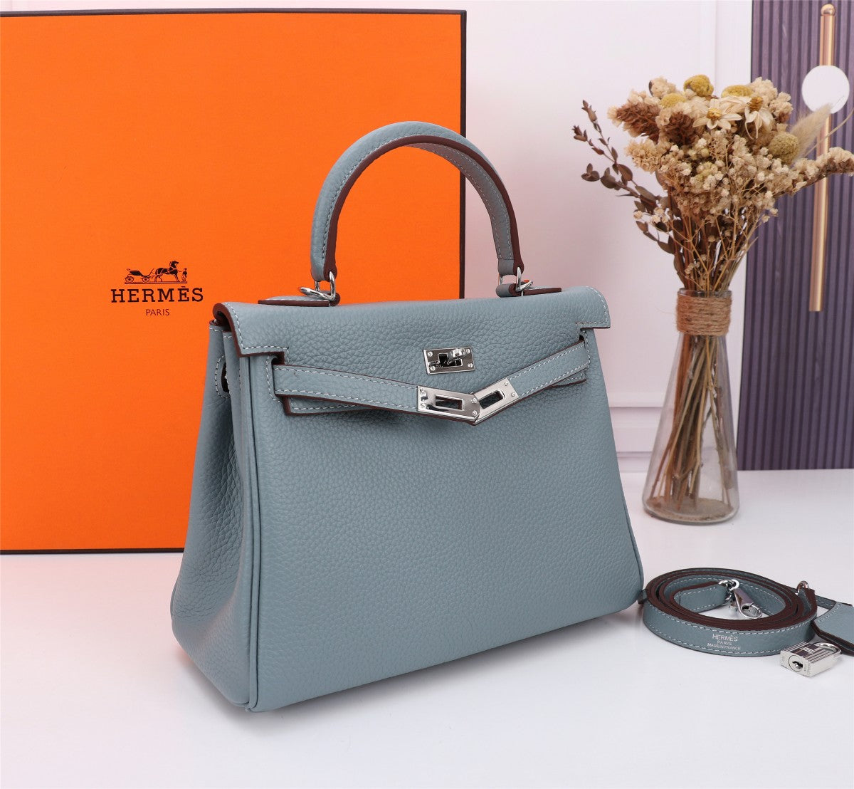SAC HM KELLY 28 GRIS TREMPÉ TOGO QUINCAILLERIE ARGENTÉE