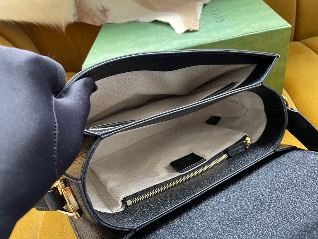Sacoche de selle GG HORSEBIT 1955 25 en toile noire et cuir de veau