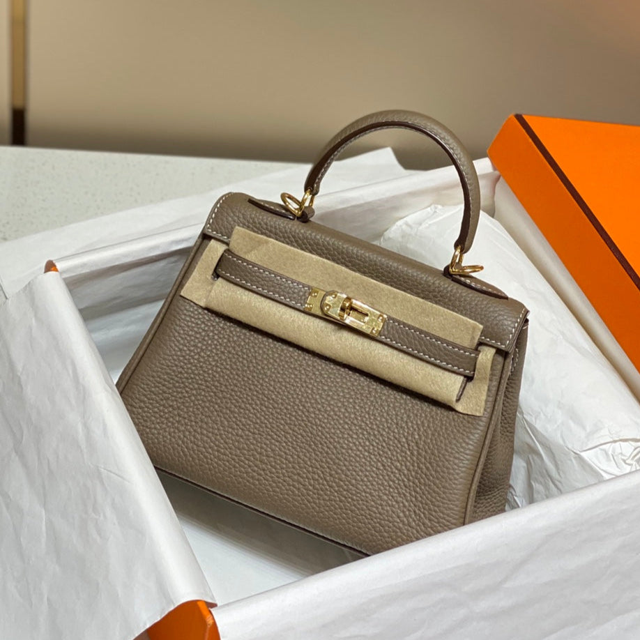 HM MINI KELLY 20CM ÉLÉPHANT GRIS CUIR TOGO QUINCAILLERIE DORÉ