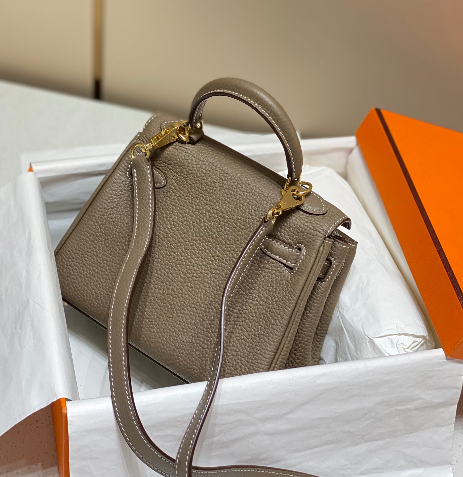 HM MINI KELLY 20CM ÉLÉPHANT GRIS CUIR TOGO QUINCAILLERIE DORÉ