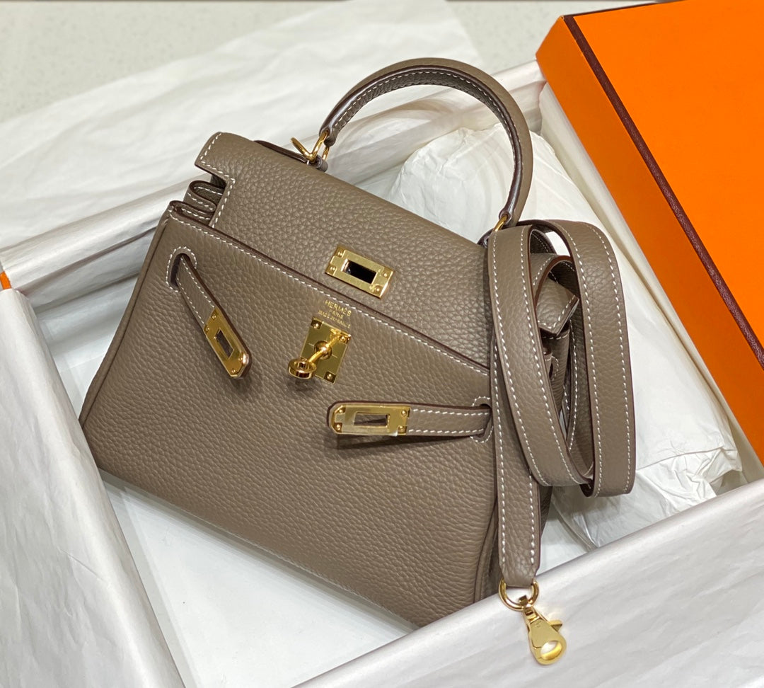 HM MINI KELLY 20CM ÉLÉPHANT GRIS CUIR TOGO QUINCAILLERIE DORÉ