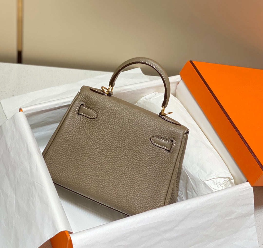 HM MINI KELLY 20CM ÉLÉPHANT GRIS CUIR TOGO QUINCAILLERIE DORÉ