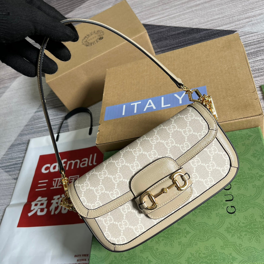 SAC GG HORSEBIT 1955 24 EN TOILE BLANCHE ET CUIR DE VEAU BEIGE