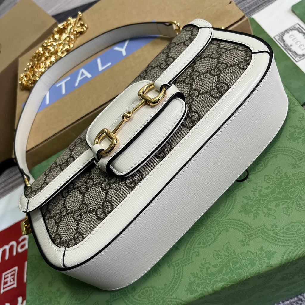 SAC GG HORSEBIT 1955 24 EN TOILE BEIGE ET CUIR DE VEAU BLANC