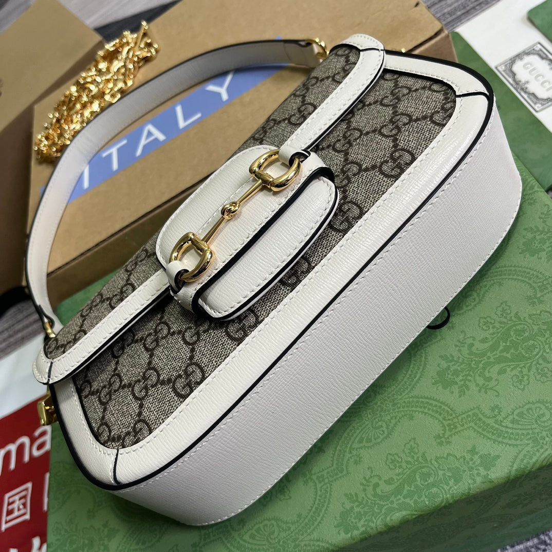 SAC GG HORSEBIT 1955 24 EN TOILE BEIGE ET CUIR DE VEAU BLANC
