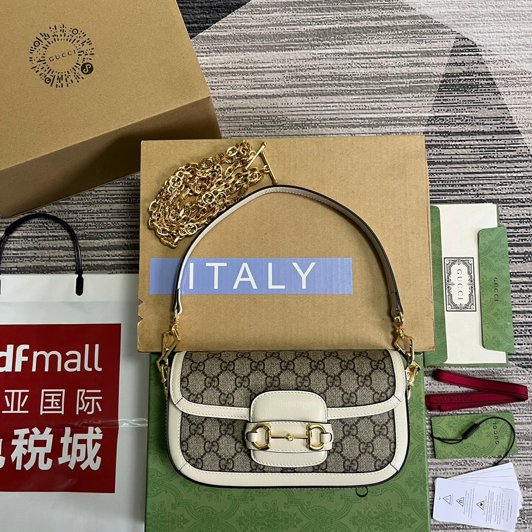 SAC GG HORSEBIT 1955 24 EN TOILE BEIGE ET CUIR DE VEAU BLANC